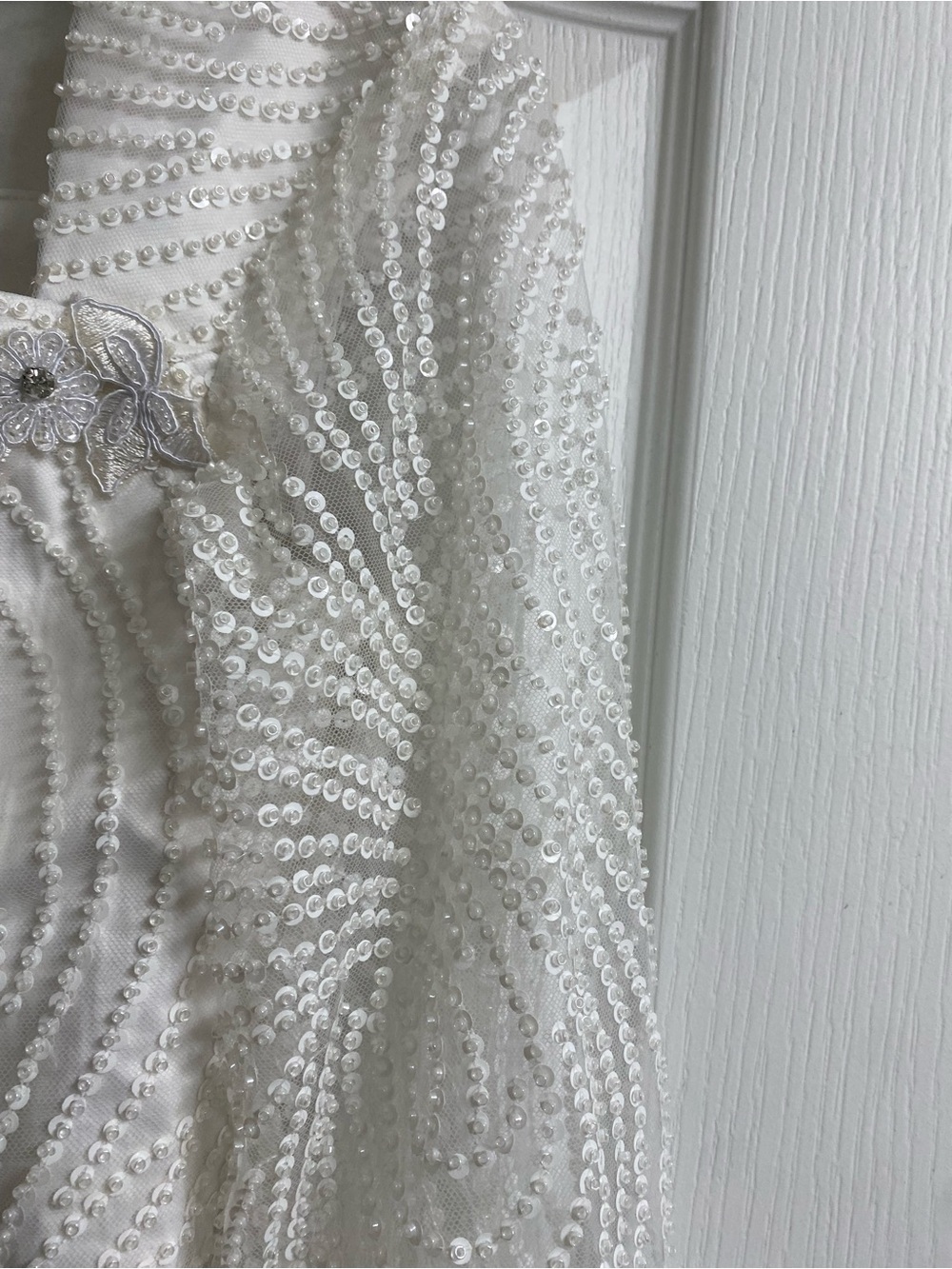 Vintage Elegant White Swirl Sequin Beaded Midi Formal Dress Long Sheer Sleeves M - Picture 8 of 16